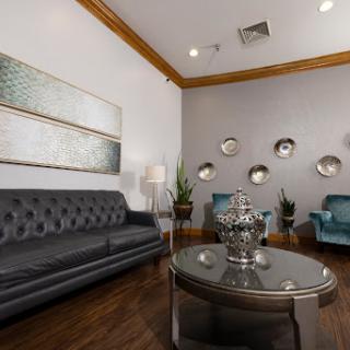 A modern waiting room featuring elegant furniture, decorative artwork, and a cozy ambiance.