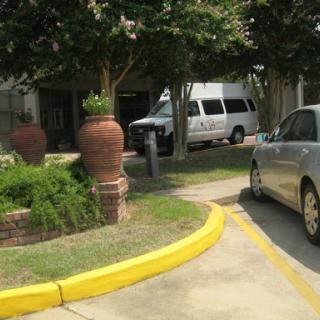 A view of a parking lot featuring two vehicles and surrounding greenery.