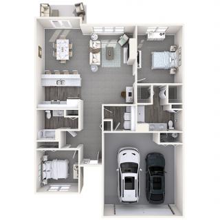 A 3D floor plan of a residential home featuring two bedrooms, a living area, kitchen, dining room, and a two-car garage.