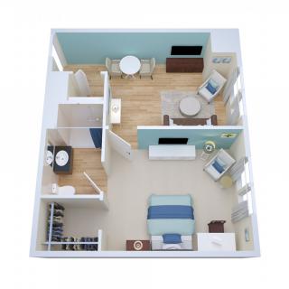 A 3D floor plan of a one-bedroom apartment featuring a living room, kitchen, and bathroom.