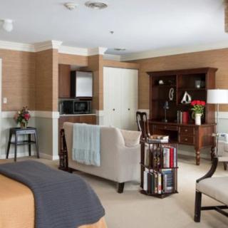 A cozy bedroom with a sitting area, featuring a bookshelf and desk.