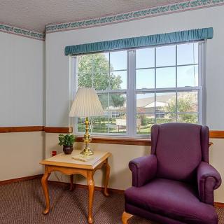 A cozy room corner with a purple armchair, side table with a lamp and plant, and a window view.