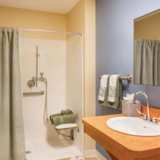 A handicap accessible bathroom with a shower, sink, and mirror.