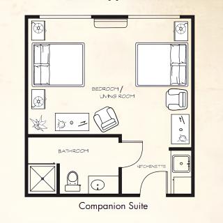 Floor plan layout of a companion suite featuring two beds, a bathroom, and seating area.