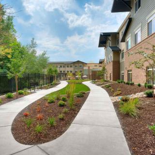 A well-maintained landscaped pathway with greenery leading to a modern building exterior.