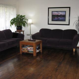 A cozy living room featuring two dark sofas, a wooden coffee table, indoor plants, and a floor lamp on a polished wood floor.