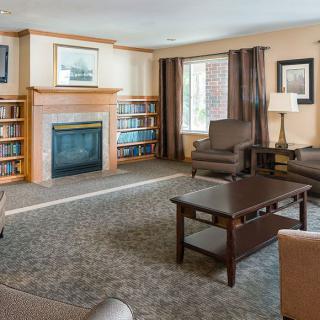 A cozy living room with a fireplace, surrounded by bookshelves and armchairs.