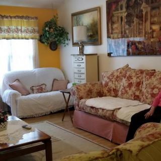 A cozy living room with patterned sofas and a warm color palette.