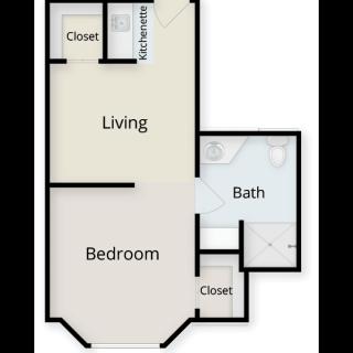 A floor plan of a one-bedroom apartment with living room, bathroom, and closets.
