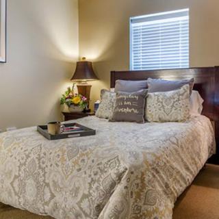 A cozy bedroom with a neatly made bed featuring decorative pillows and a bedside lamp.