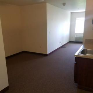 An empty apartment interior with a small kitchen area and window.