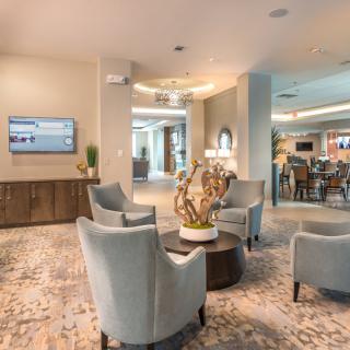 A modern lobby with comfortable seating and elegant interior design.