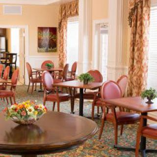 A well-decorated dining area with tables and chairs, featuring indoor plants and elegant curtains.