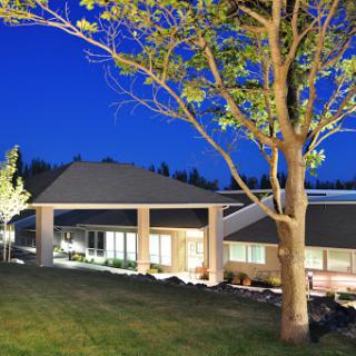 A beautifully illuminated building at night, surrounded by greenery.