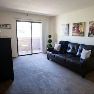 A cozy living room with a black sofa, carpeted floor, and sliding glass door leading to a balcony.