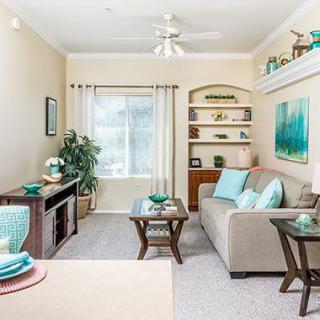 A modern living room with a cozy sofa, decorative pillows, and a stylish coffee table.