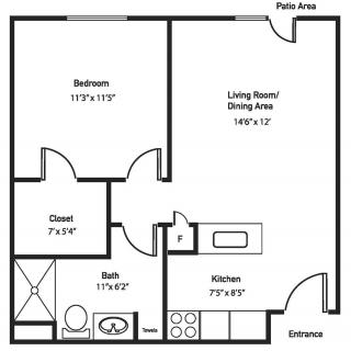 A one-bedroom apartment floor plan with living/dining area, kitchen, bathroom, and closet.