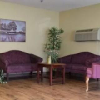 A cozy living room with purple sofas, a wooden table, and an indoor plant beside an air conditioner.