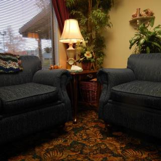A cozy living room setup with two armchairs, a lamp, and lush greenery.