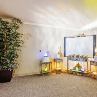 A cozy interior space with decorative lighting and a large plant.