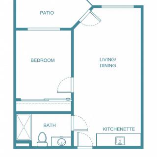 A floor plan of a one-bedroom apartment featuring a living and dining area, kitchenette, bathroom, bedroom, and patio.