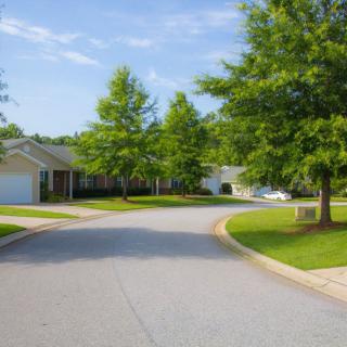A quiet suburban neighborhood with houses, trees, and a winding street.
