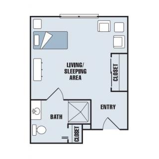Studio apartment floor plan with a living/sleeping area, bath, and closet space.