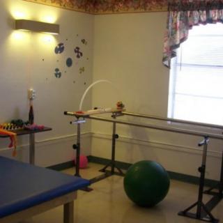 A rehabilitation room equipped with parallel bars and a therapy ball for physical therapy exercises.