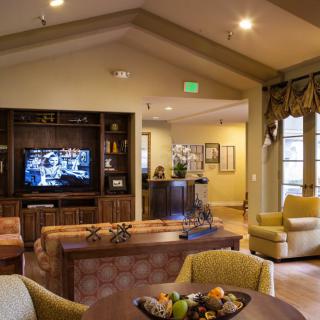 A cozy living room with comfortable seating, a television, and elegant decor.