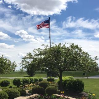 A scenic view of an American flag waving under a partly cloudy sky, surrounded by a well-maintained garden and greenery.