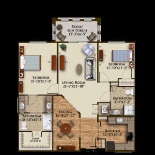 A detailed floor plan of a two-bedroom apartment with a balcony, depicting the living room, kitchen, and two bathrooms.