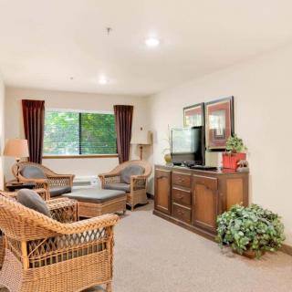 A cozy living room with wicker furniture, a TV, and decorative plants.