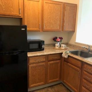 A compact kitchen with wooden cabinets, a black refrigerator, and a countertop featuring a sink and microwave.