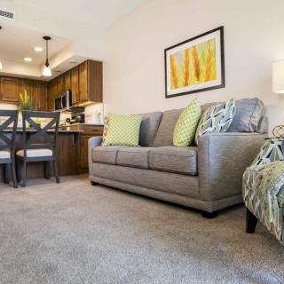 A cozy living room with a gray sofa and an open dining and kitchen area.