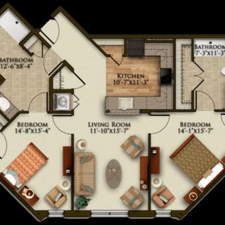 A detailed floor plan of an apartment, featuring a living room, kitchen, two bedrooms, and a bathroom.