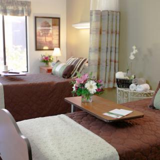 A hospital room with two beds, floral arrangements, and a calming atmosphere.