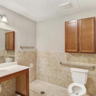 A clean and well-organized bathroom with a toilet, sink, mirror, and wooden cabinet.