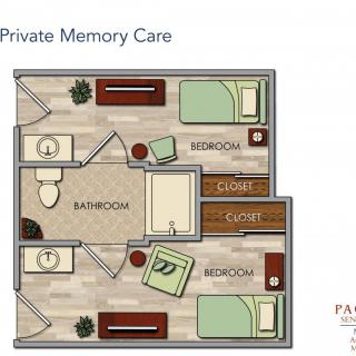 Floor plan of a private memory care unit featuring two bedrooms, a bathroom, and a small living area.