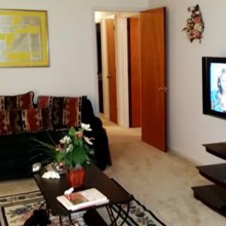 A cozy living room with a sofa, coffee table, and television.