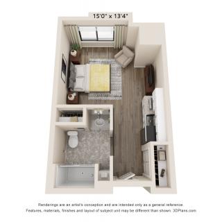 3D floor plan of a studio apartment featuring a bedroom, kitchen, and bathroom.