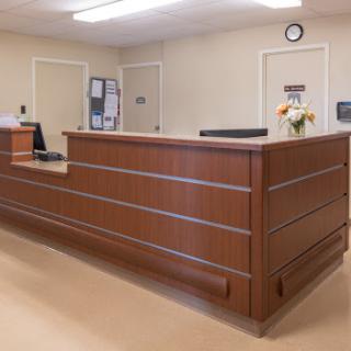 A view of a modern reception area featuring a wooden front desk and an inviting atmosphere.