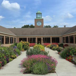 A beautifully landscaped courtyard garden with a central clock tower in the background.