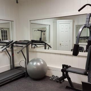 A home gym with fitness equipment including a treadmill, exercise ball, and mirrors.