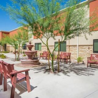 A sunny courtyard featuring benches, trees, and a central fountain.