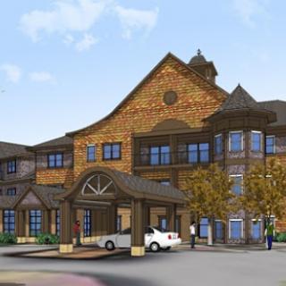 An artistic rendering of a hotel featuring rustic architecture with a welcoming entrance.
