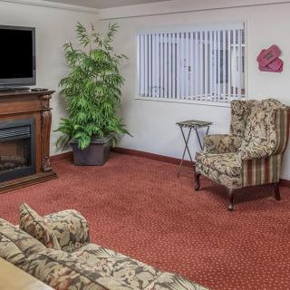 A cozy living room with a fireplace, armchair, sofa, and TV on a red carpeted floor.
