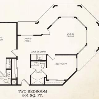 A floor plan of a two-bedroom apartment with an area of 901 square feet.