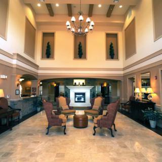 Luxurious hotel lobby with elegant seating and a fireplace.