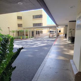 A view of a building entrance with a clear pathway and lush greenery.