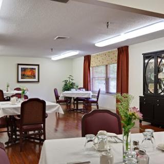 A cozy dining room setup with elegantly arranged tables and chairs, complemented by indoor plants and warm lighting.
